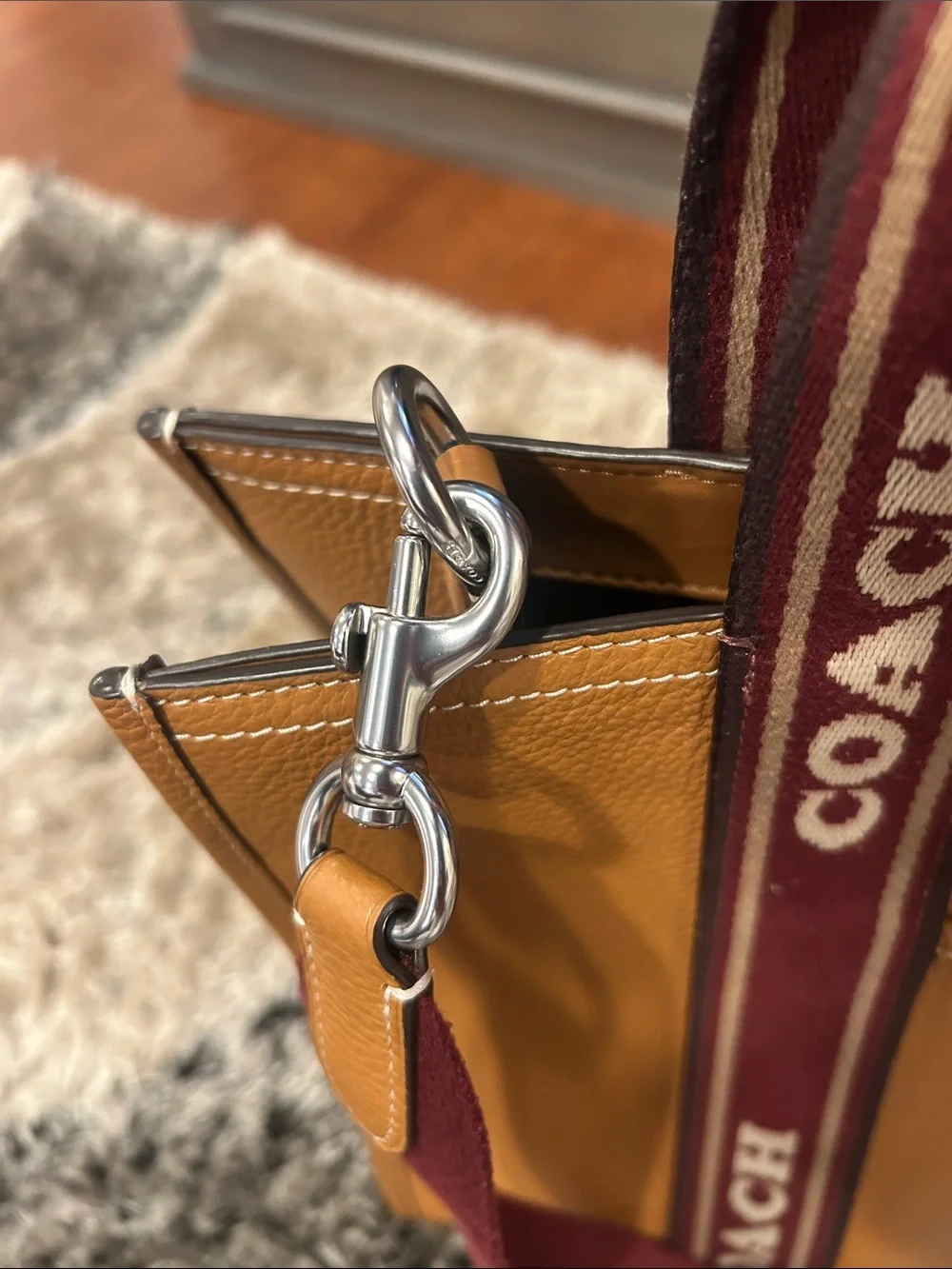 COACH Amber Pebbled Leather Tote with Burgundy Logo Straps